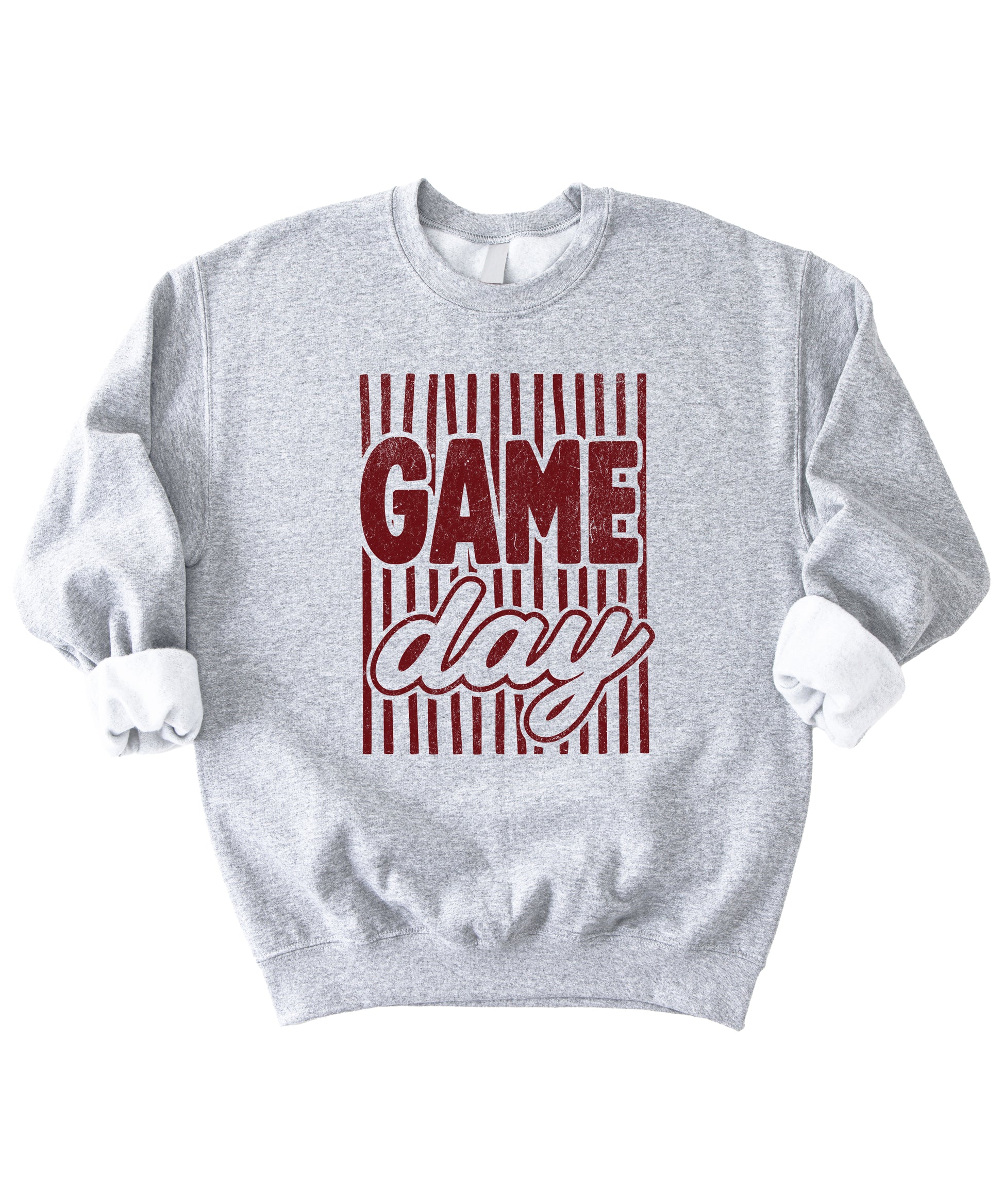 Game Day striped distressed football crewneck sweatshirt for women and teen girls, Maroon on Gray Sweatshirt, detail view
