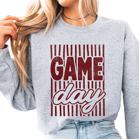 Game Day striped distressed football crewneck sweatshirt for women and teen girls, Maroon on Gray Sweatshirt, styled view