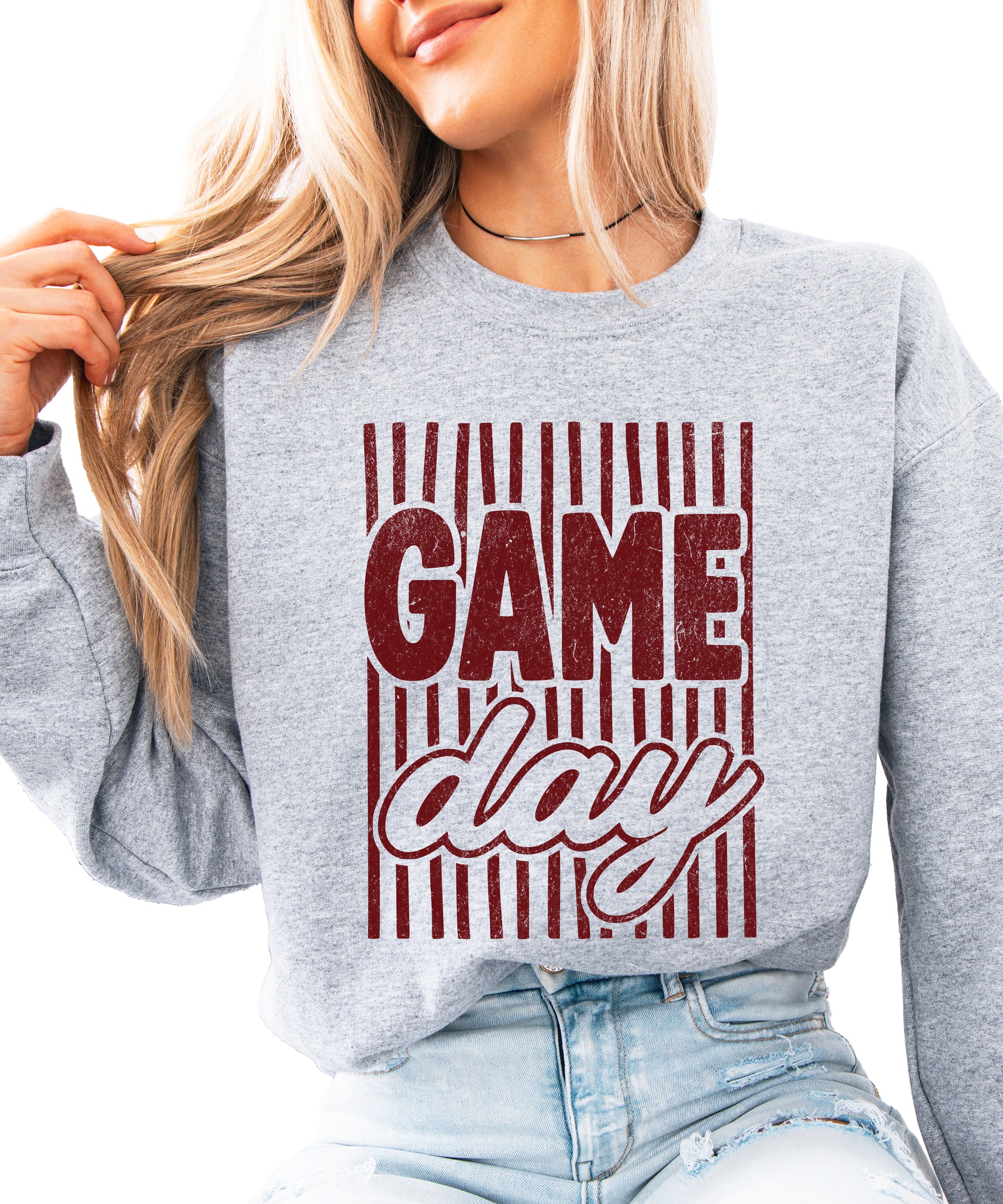 Game Day striped distressed football crewneck sweatshirt for women and teen girls, Maroon on Gray Sweatshirt, styled view