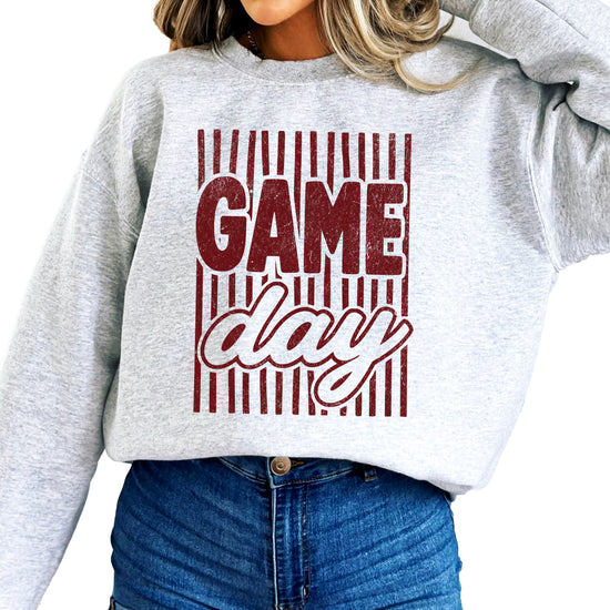 Game Day striped distressed football crewneck sweatshirt for women and teen girls, Maroon on Gray Sweatshirt, alternate view