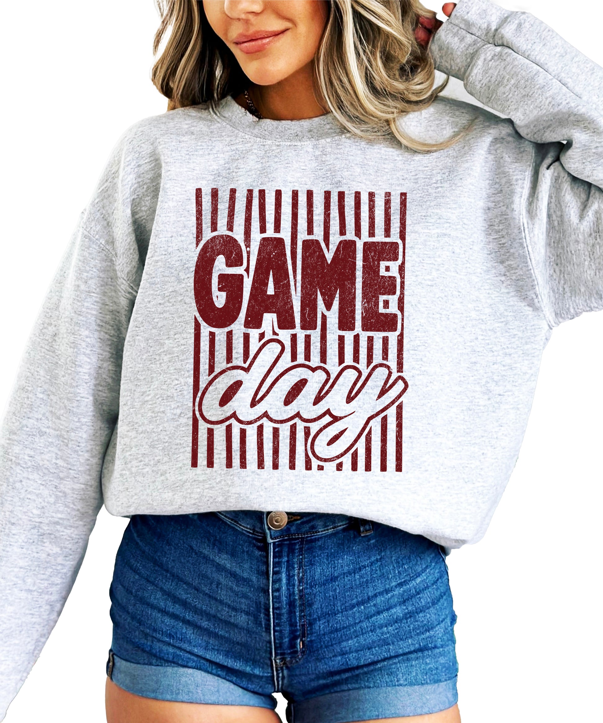 Game Day striped distressed football crewneck sweatshirt for women and teen girls, Maroon on Gray Sweatshirt, alternate view