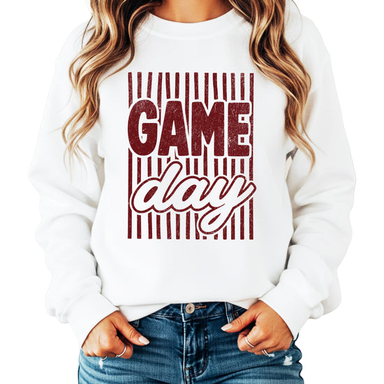 Game Day striped distressed football crewneck sweatshirt for women and teen girls, Maroon on White Sweatshirt, front view