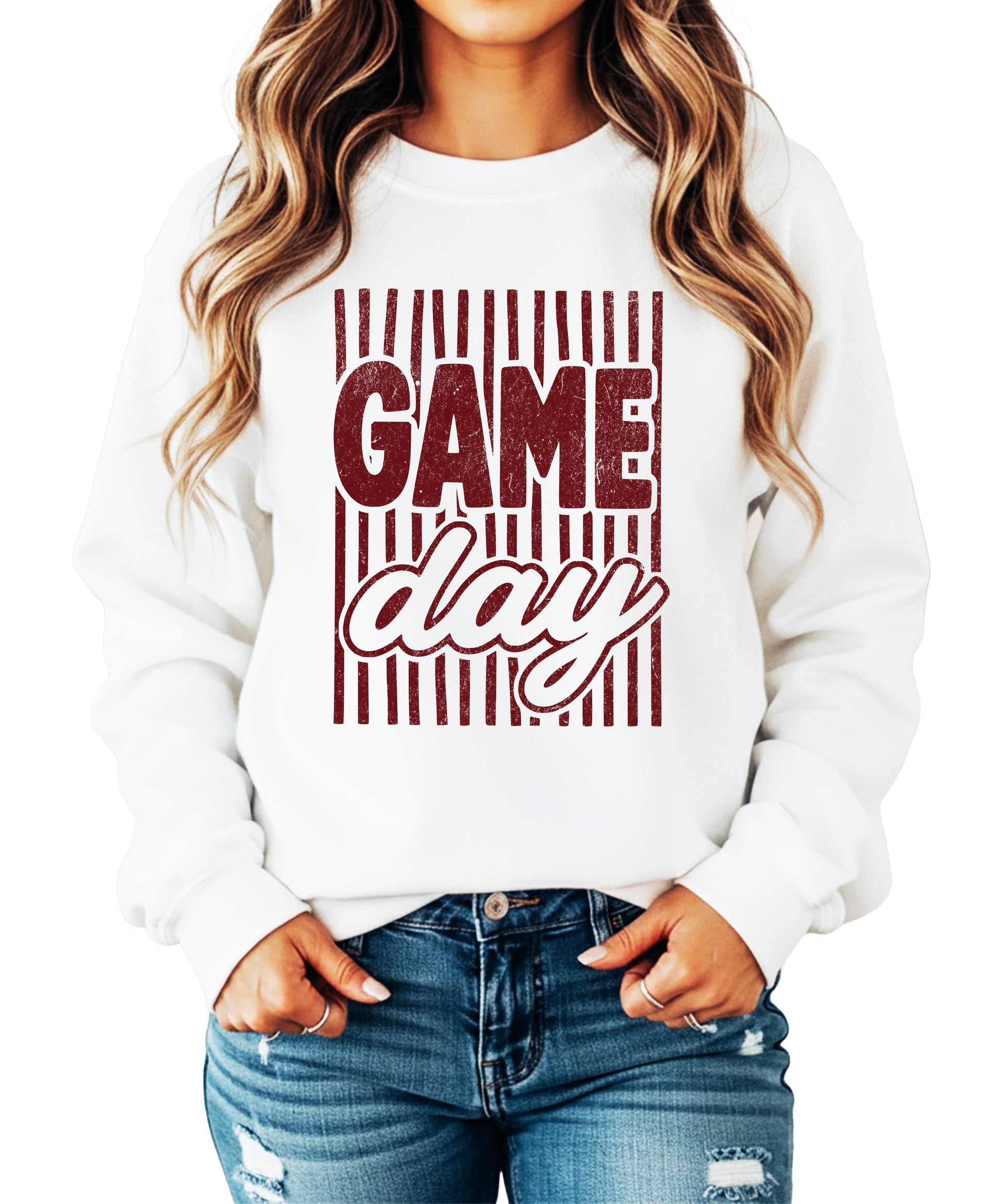 Game Day striped distressed football crewneck sweatshirt for women and teen girls, Maroon on White Sweatshirt, front view