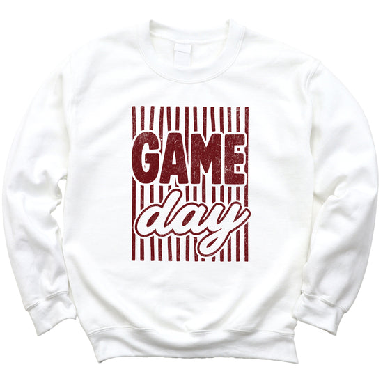 Game Day striped distressed football crewneck sweatshirt for women and teen girls, Maroon on White Sweatshirt, detail view