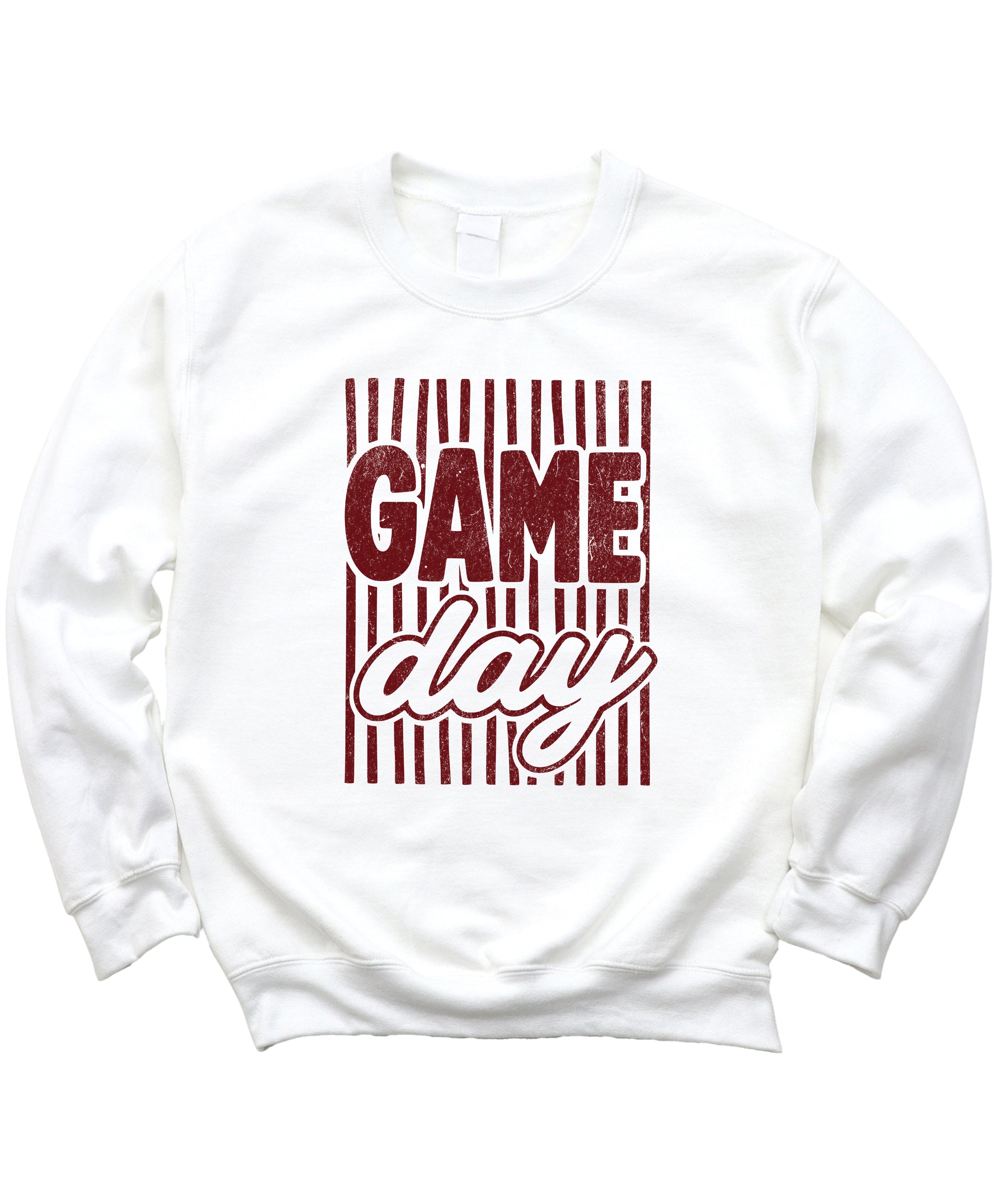 Game Day striped distressed football crewneck sweatshirt for women and teen girls, Maroon on White Sweatshirt, detail view