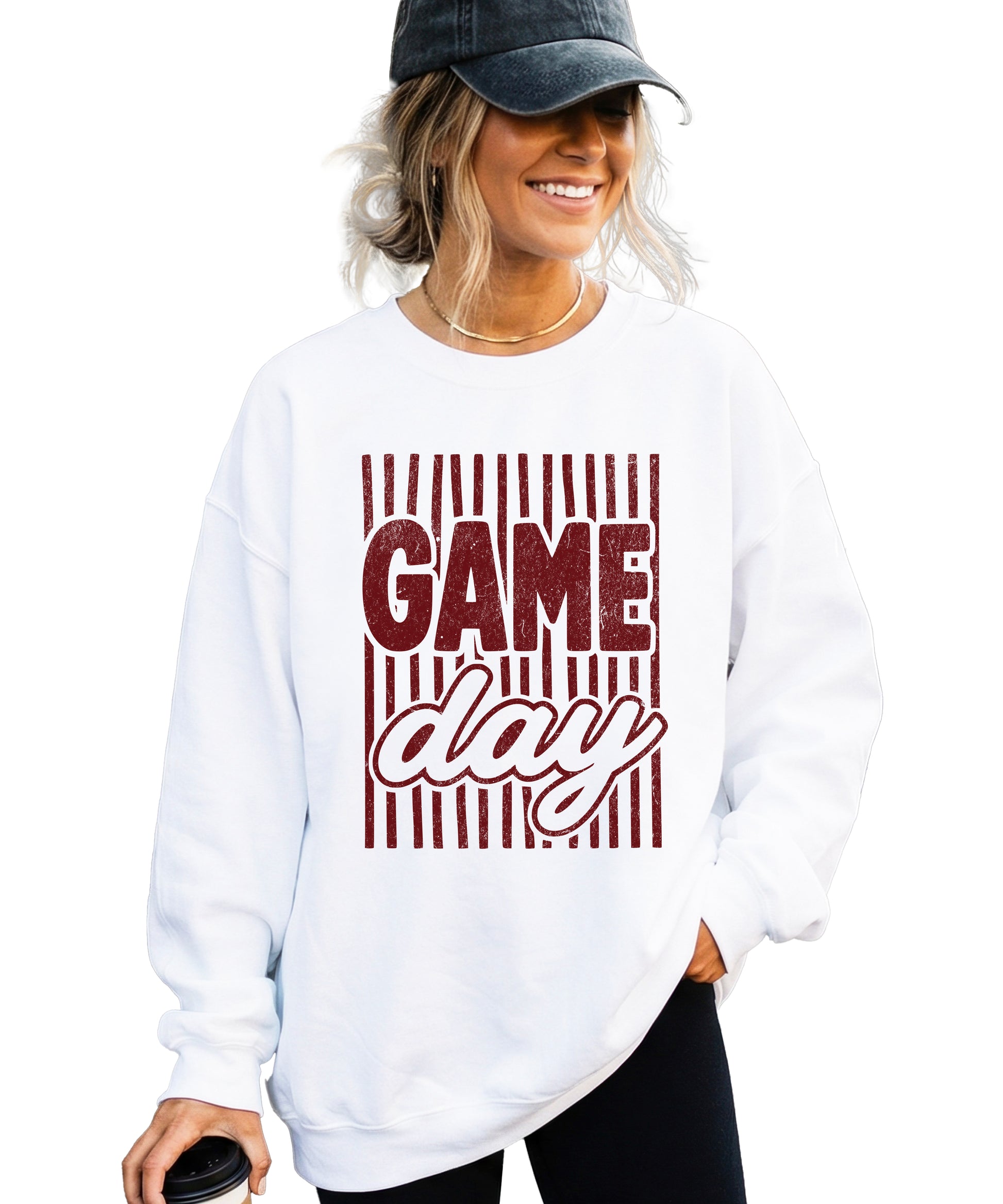 Game Day striped distressed football crewneck sweatshirt for women and teen girls, Maroon on White Sweatshirt, styled view