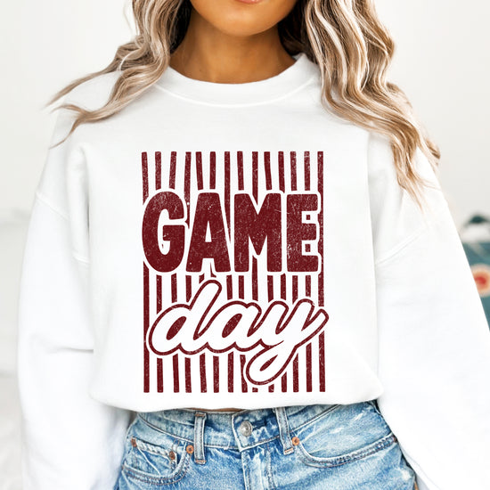 Game Day striped distressed football crewneck sweatshirt for women and teen girls, Maroon on White Sweatshirt, alternate view