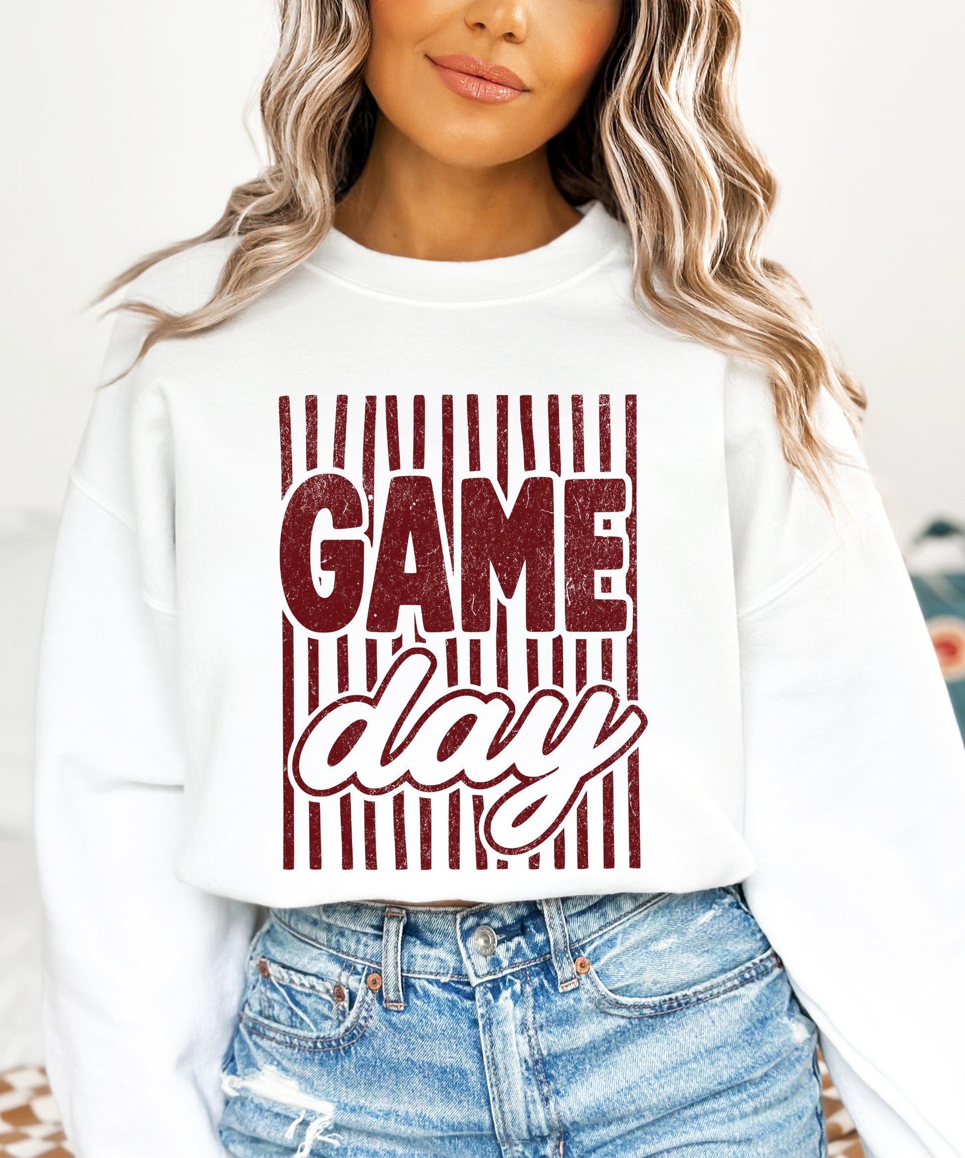 Game Day striped distressed football crewneck sweatshirt for women and teen girls, Maroon on White Sweatshirt, alternate view
