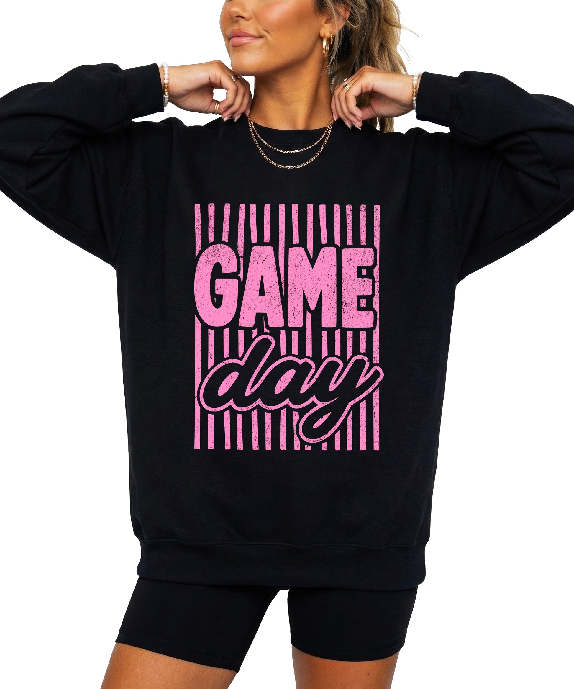 Game Day striped distressed football crewneck sweatshirt for women and teen girls, Pink on Black Sweatshirt, front view