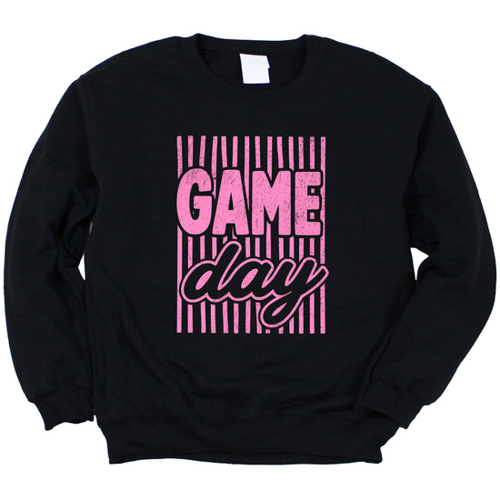Game Day striped distressed football crewneck sweatshirt for women and teen girls, Pink on Black Sweatshirt, detail view
