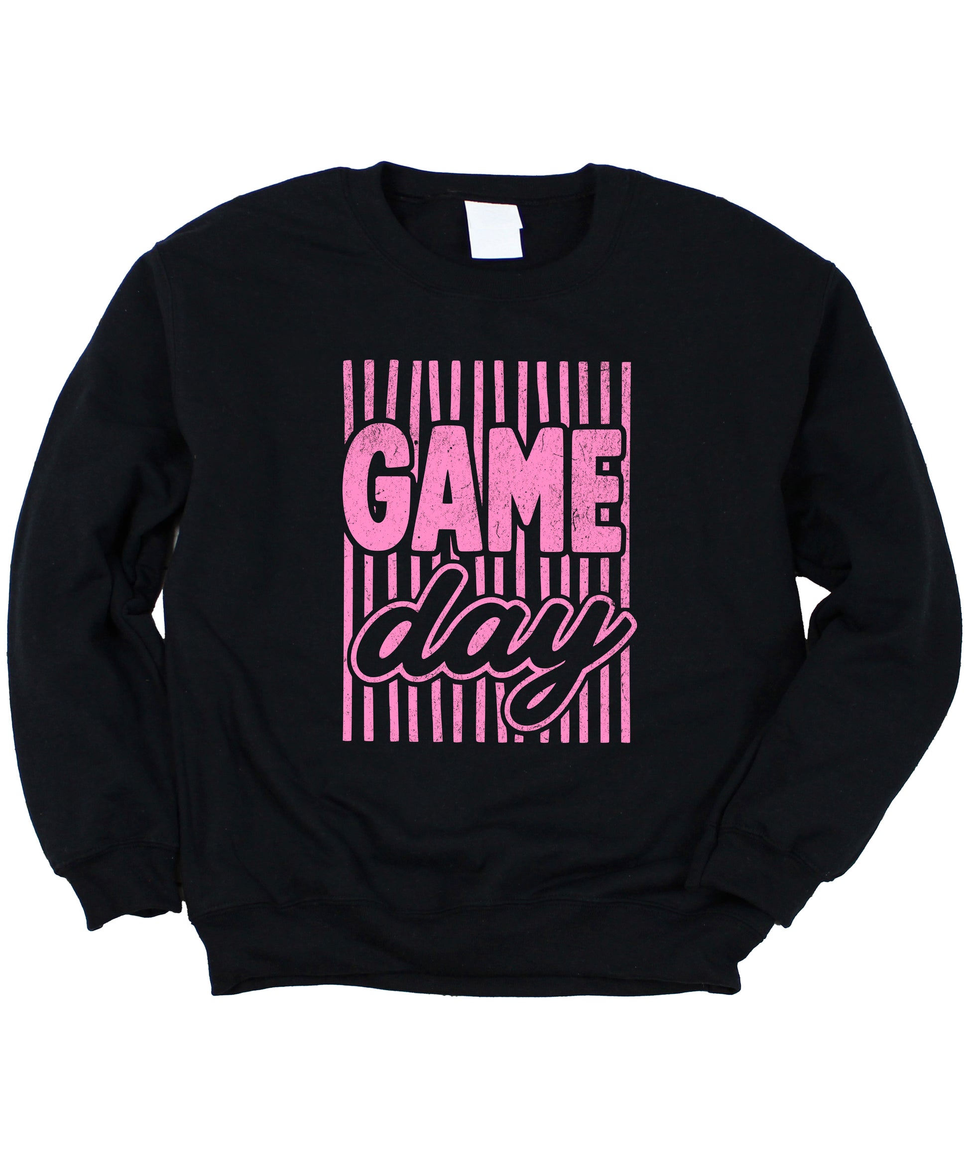 Game Day striped distressed football crewneck sweatshirt for women and teen girls, Pink on Black Sweatshirt, detail view