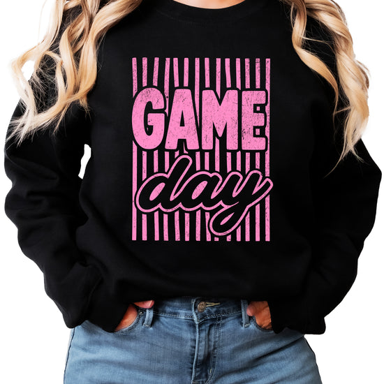 Game Day striped distressed football crewneck sweatshirt for women and teen girls, Pink on Black Sweatshirt, styled view