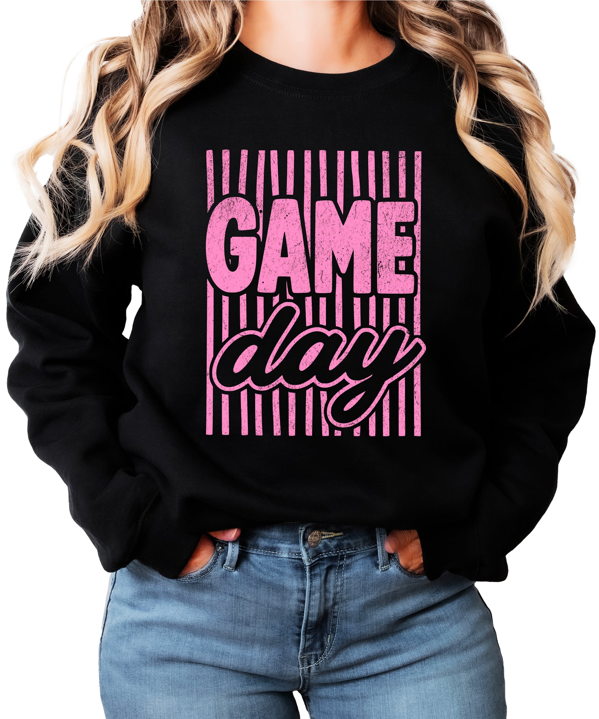 Game Day striped distressed football crewneck sweatshirt for women and teen girls, Pink on Black Sweatshirt, styled view