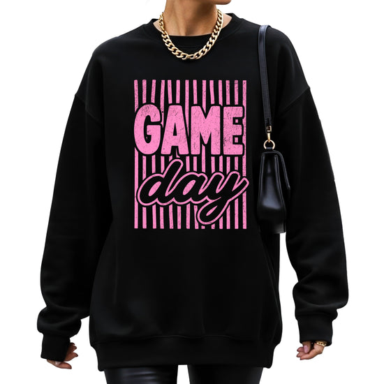 Game Day striped distressed football crewneck sweatshirt for women and teen girls, Pink on Black Sweatshirt, alternate view