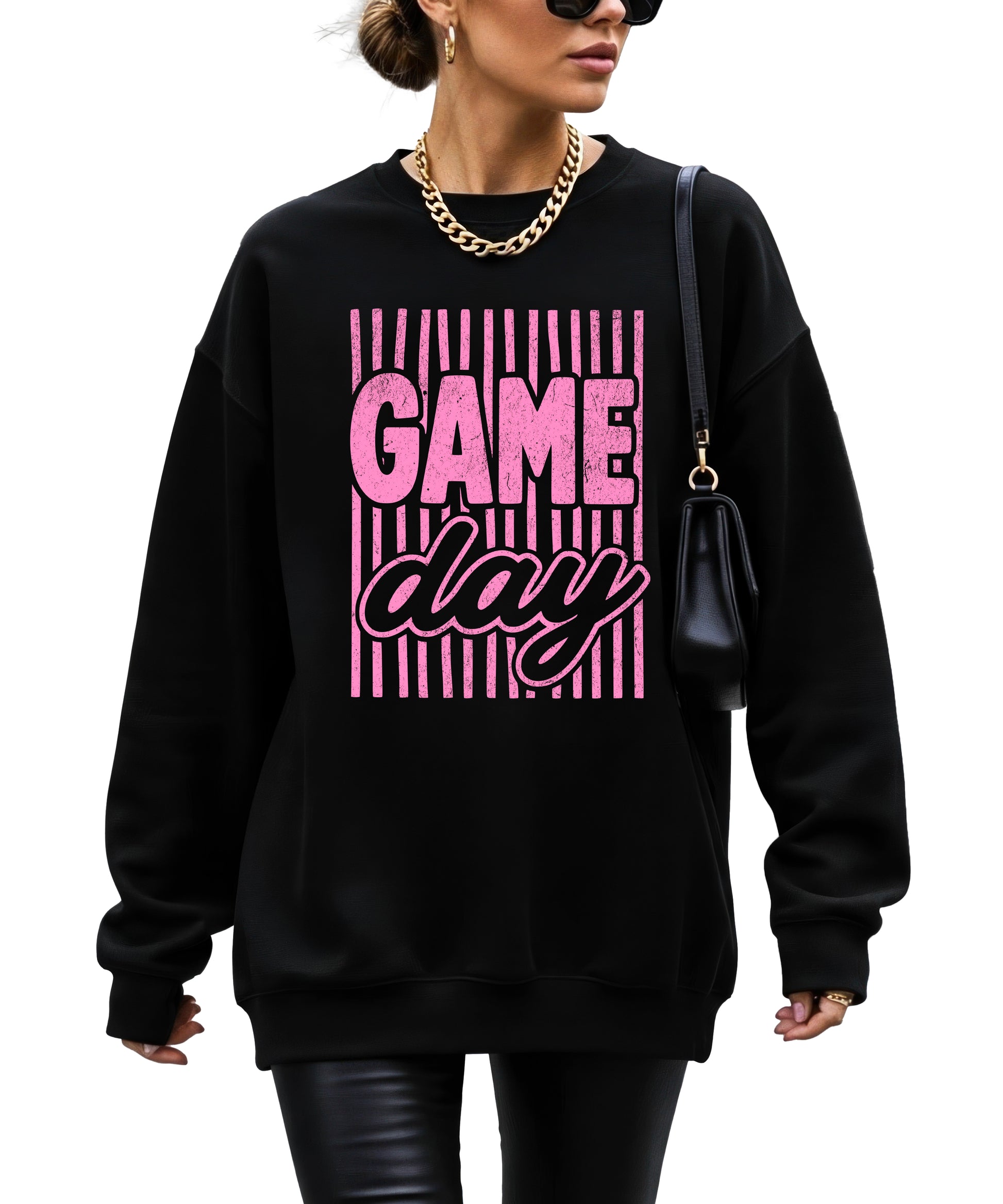 Game Day striped distressed football crewneck sweatshirt for women and teen girls, Pink on Black Sweatshirt, alternate view