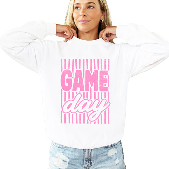 Game Day striped distressed football crewneck sweatshirt for women and teen girls, Pink on White Sweatshirt, front view