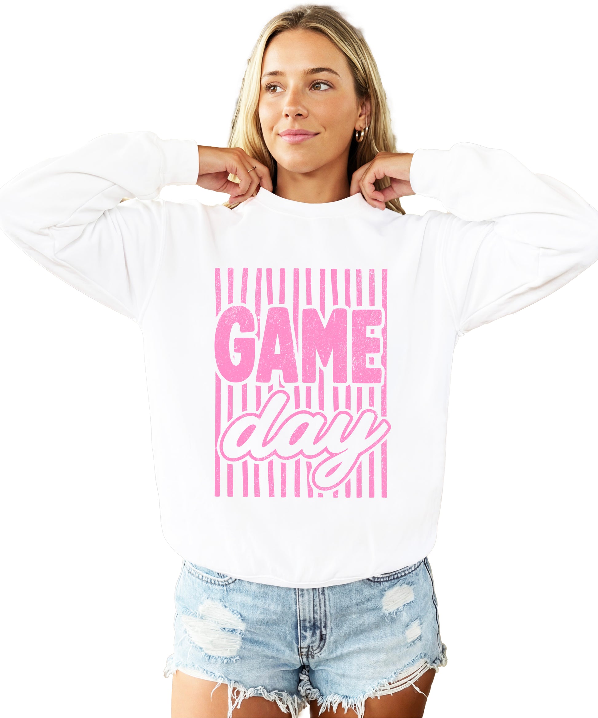 Game Day striped distressed football crewneck sweatshirt for women and teen girls, Pink on White Sweatshirt, front view