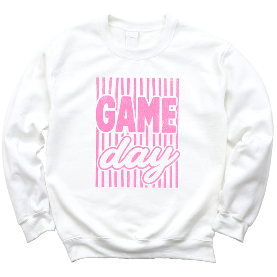 Game Day striped distressed football crewneck sweatshirt for women and teen girls, Pink on White Sweatshirt, detail view