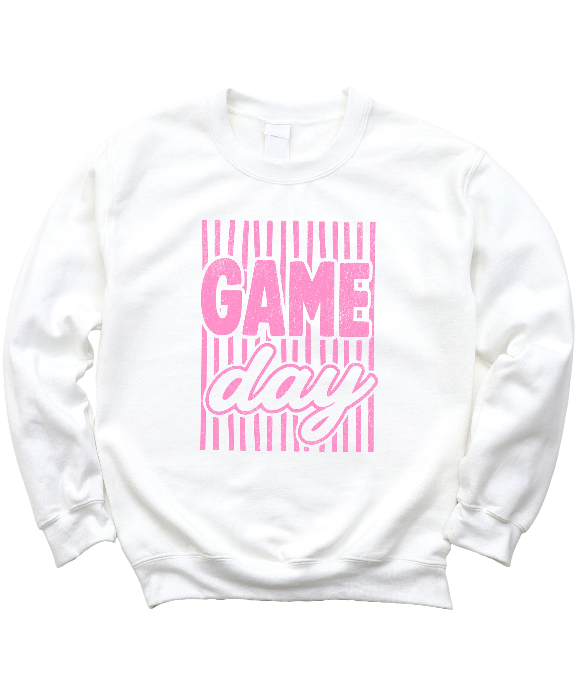 Game Day striped distressed football crewneck sweatshirt for women and teen girls, Pink on White Sweatshirt, detail view