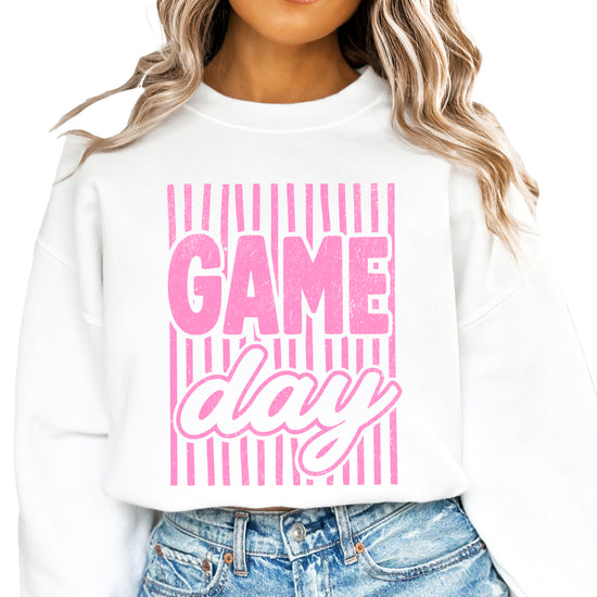Game Day striped distressed football crewneck sweatshirt for women and teen girls, Pink on White Sweatshirt, styled view