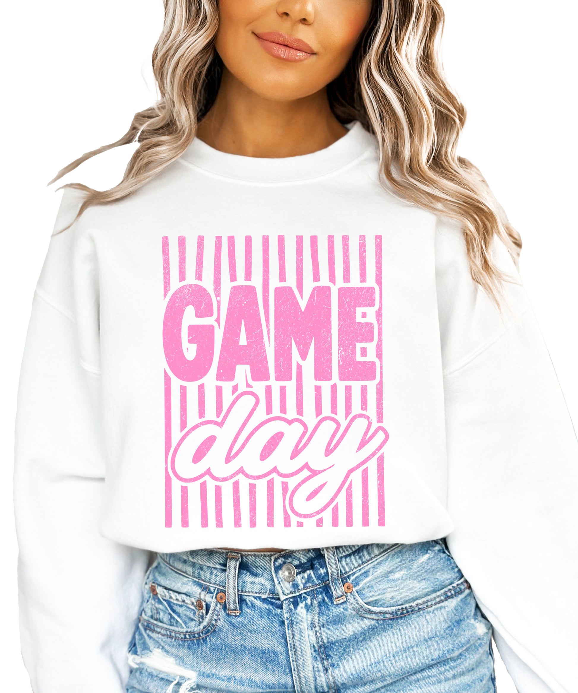 Game Day striped distressed football crewneck sweatshirt for women and teen girls, Pink on White Sweatshirt, styled view