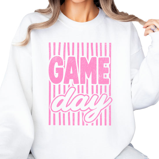 Game Day striped distressed football crewneck sweatshirt for women and teen girls, Pink on White Sweatshirt, alternate view