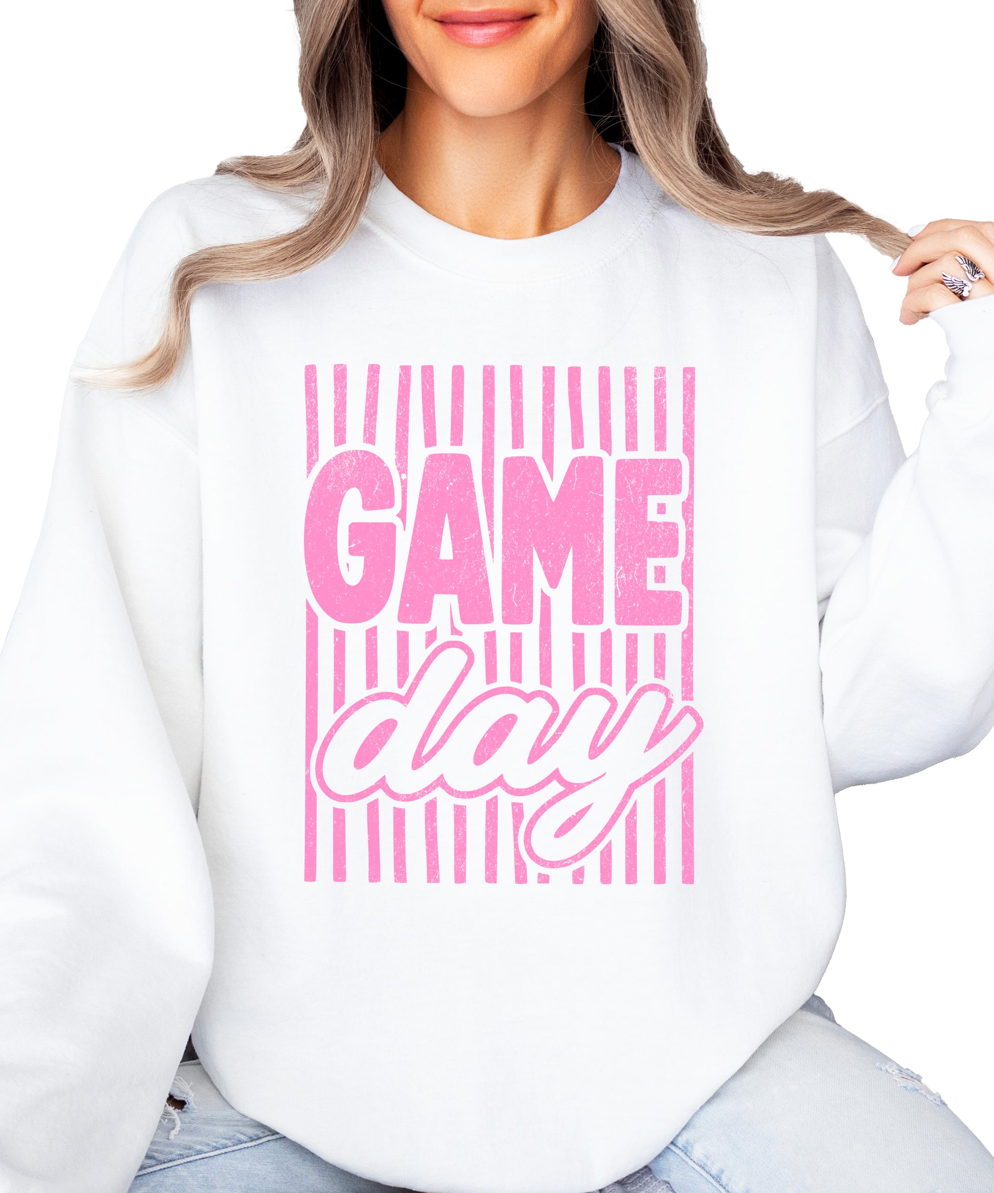 Game Day striped distressed football crewneck sweatshirt for women and teen girls, Pink on White Sweatshirt, alternate view