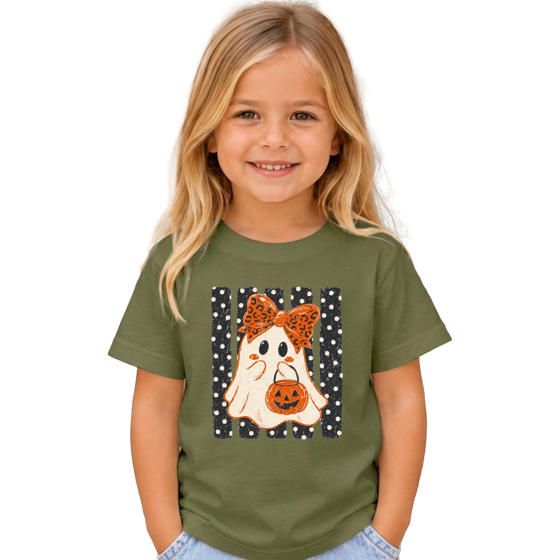 Military Green cute ghost Halloween shirt for girls with leopard bow and jack-o-lantern candy pail, front view