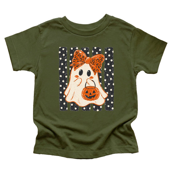 Military Green ghost Halloween girls tee, design detail
