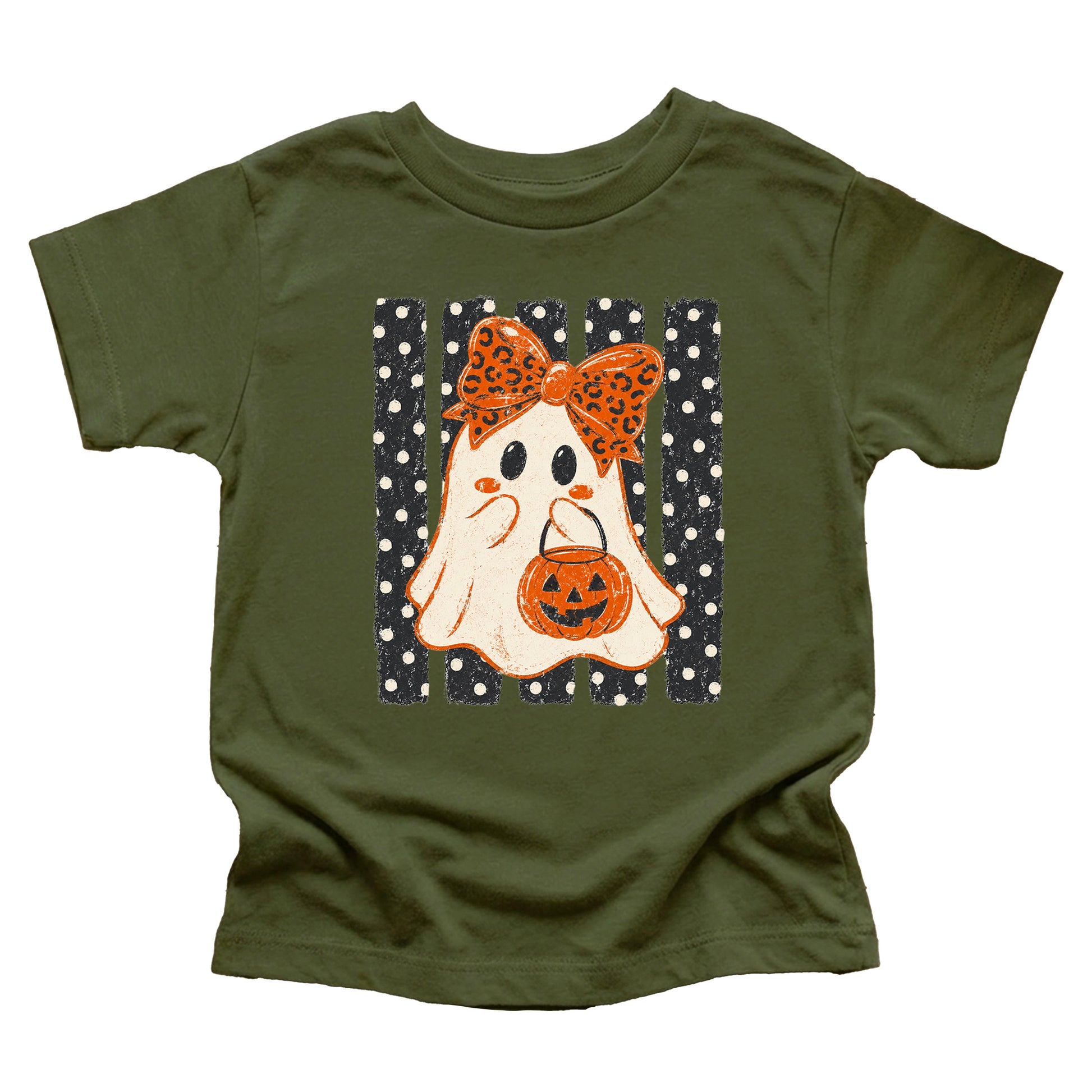Military Green ghost Halloween girls tee, design detail