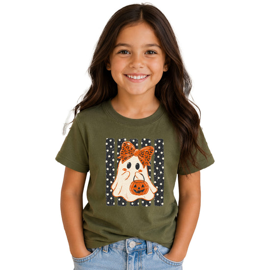Military Green ghost Halloween girls tee, styled view