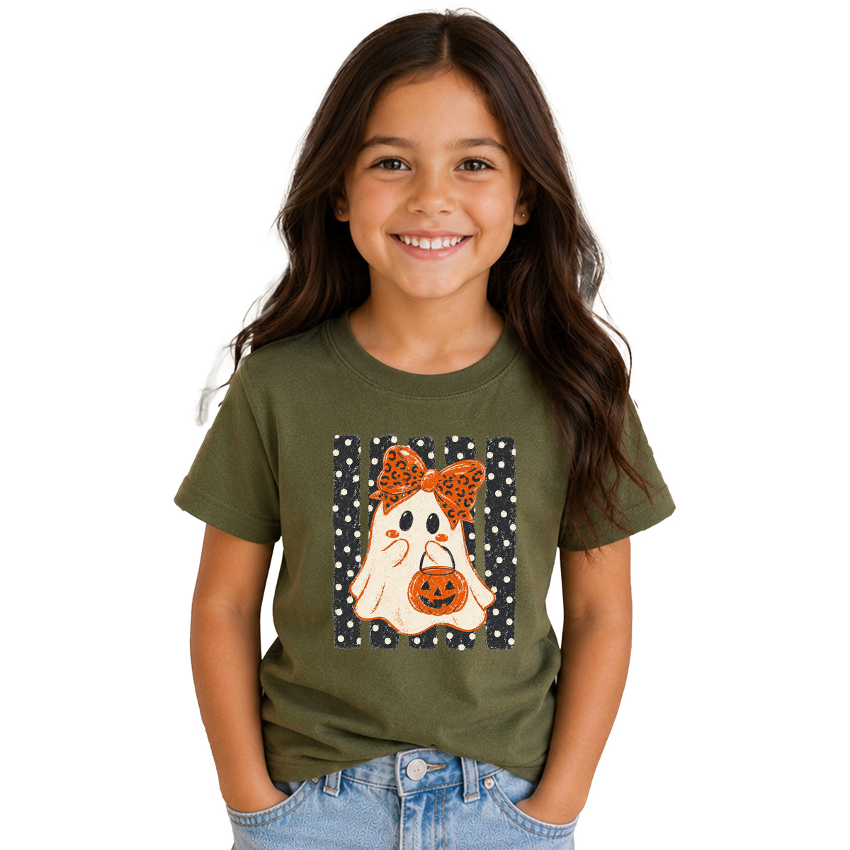 Military Green ghost Halloween girls tee, styled view