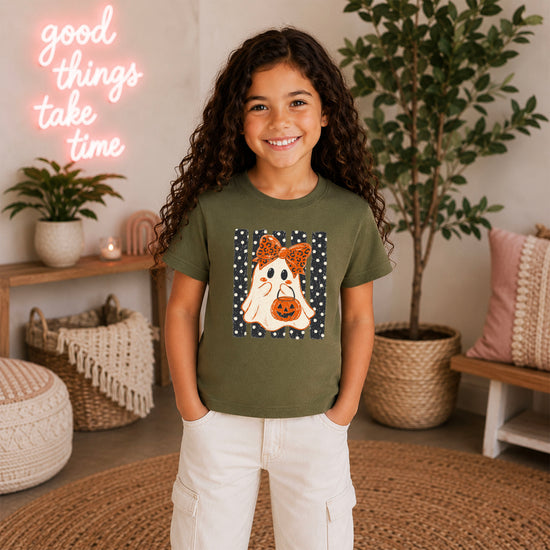 Military Green ghost Halloween girls tee, lifestyle view