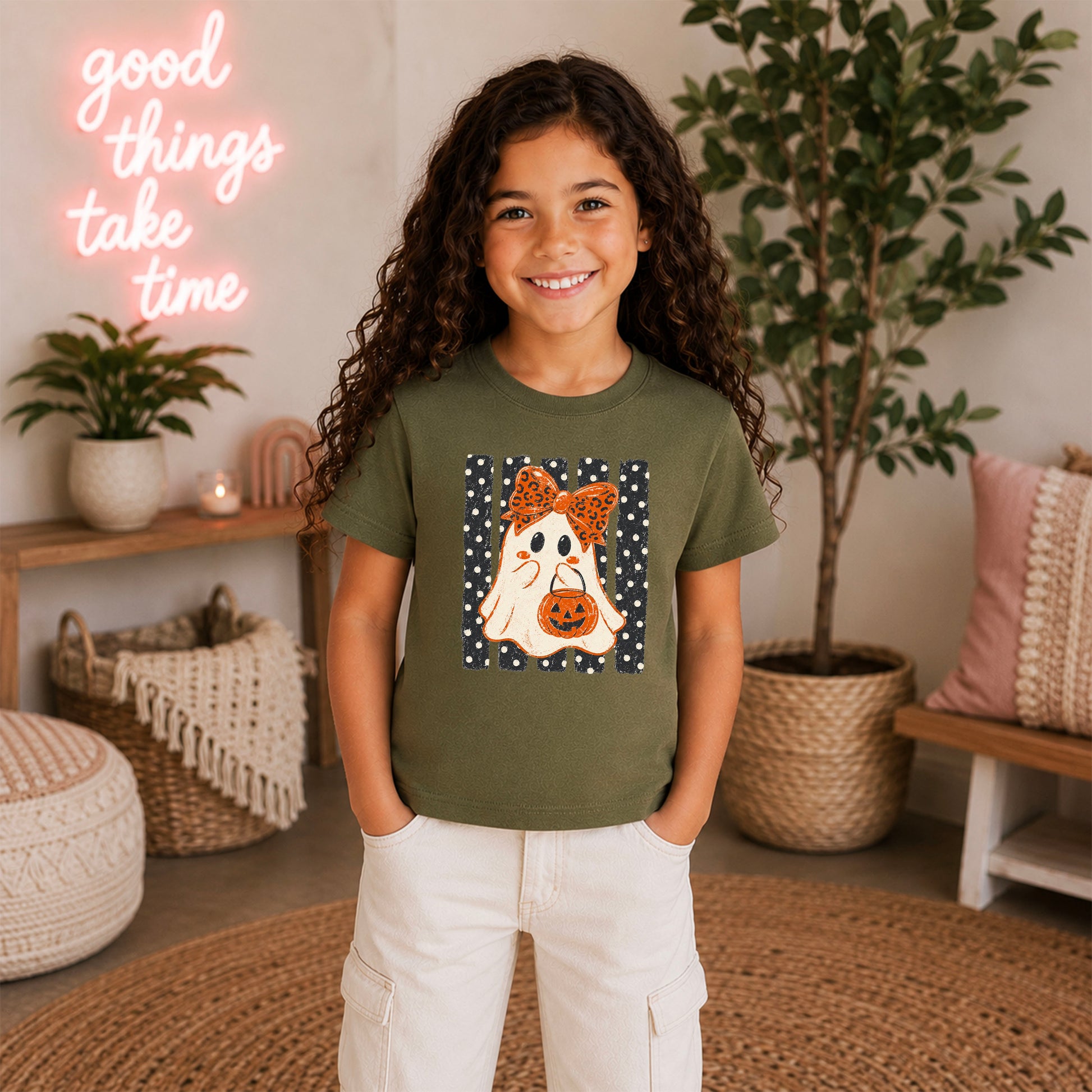 Military Green ghost Halloween girls tee, lifestyle view