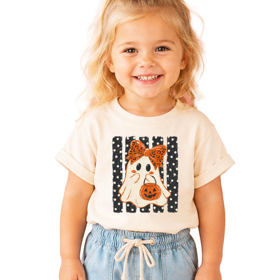 Natural cute ghost Halloween shirt for girls with leopard bow and jack-o-lantern candy pail, front view
