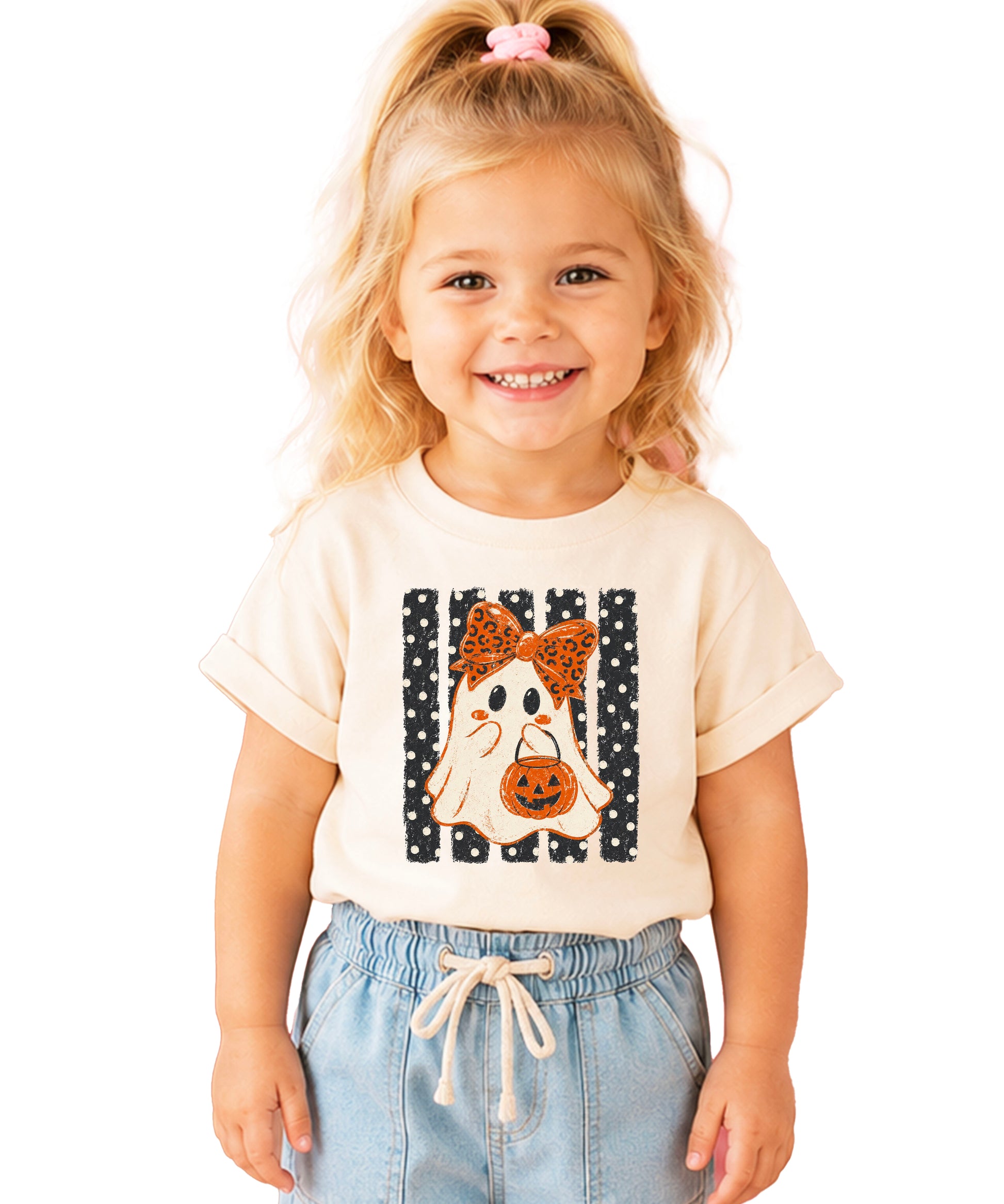 Natural cute ghost Halloween shirt for girls with leopard bow and jack-o-lantern candy pail, front view