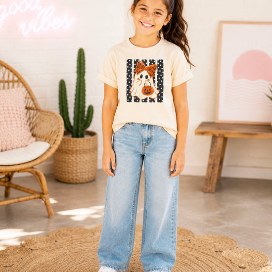 Natural ghost Halloween girls tee, styled view