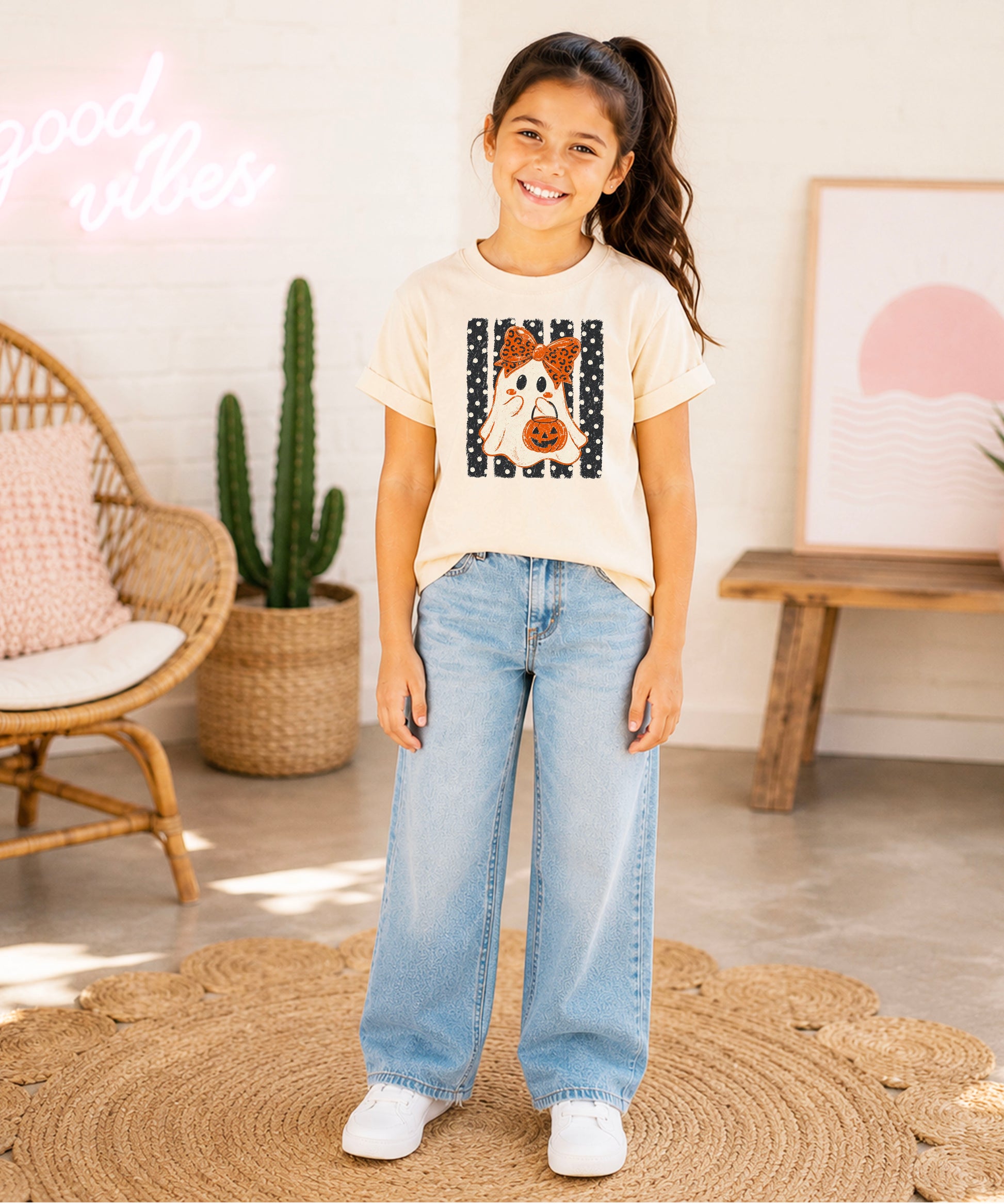 Natural ghost Halloween girls tee, styled view