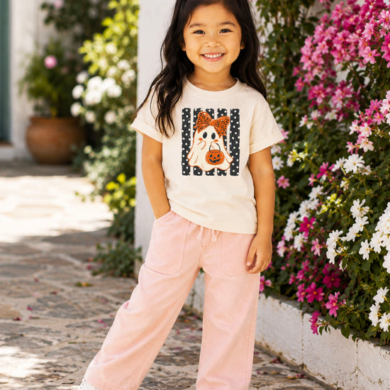 Natural ghost Halloween girls tee, lifestyle view