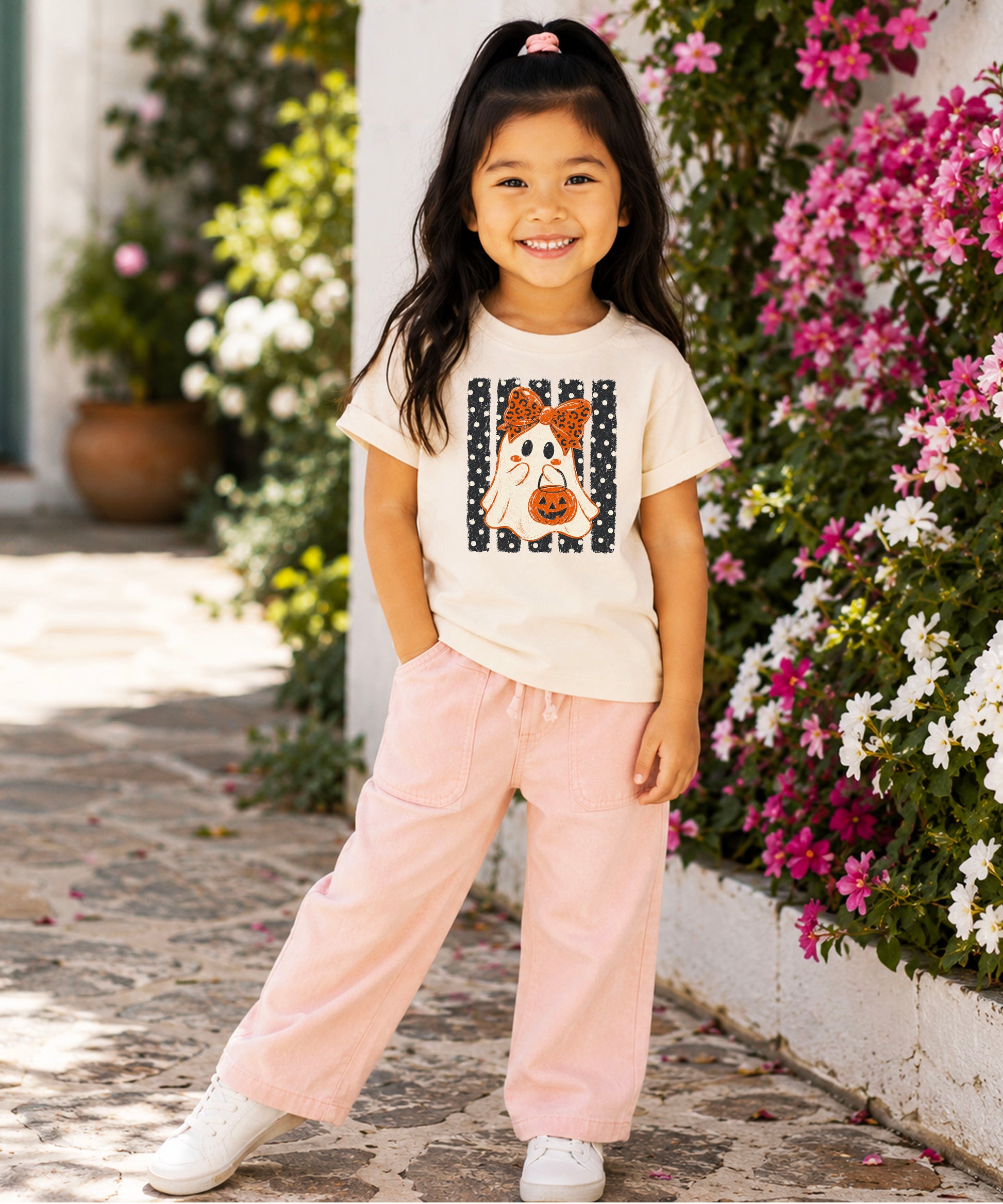 Natural ghost Halloween girls tee, lifestyle view