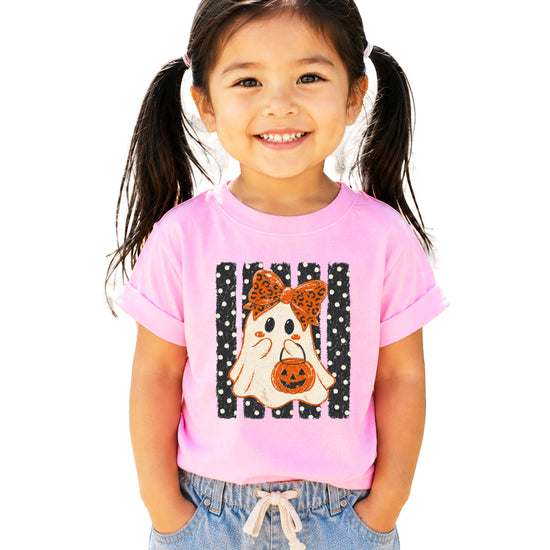 Pink cute ghost Halloween shirt for girls with leopard bow and jack-o-lantern candy pail, front view