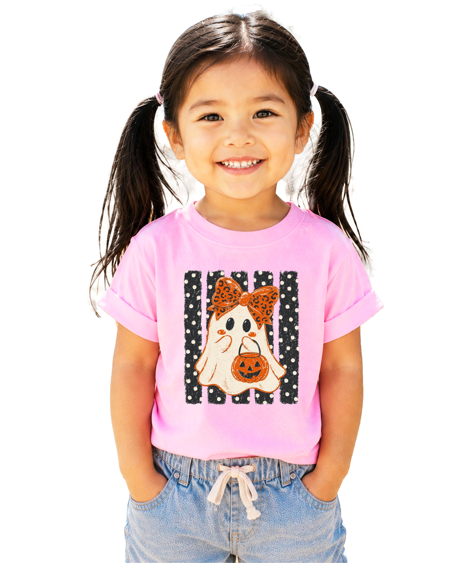 Pink cute ghost Halloween shirt for girls with leopard bow and jack-o-lantern candy pail, front view