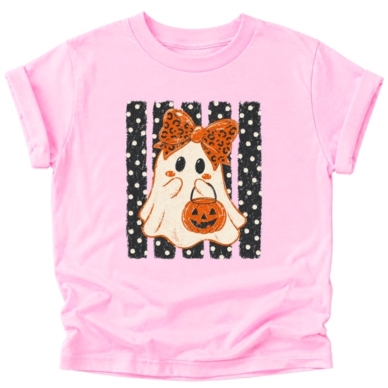 Pink ghost Halloween girls tee, design detail