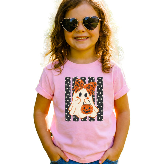 Pink ghost Halloween girls tee, styled view