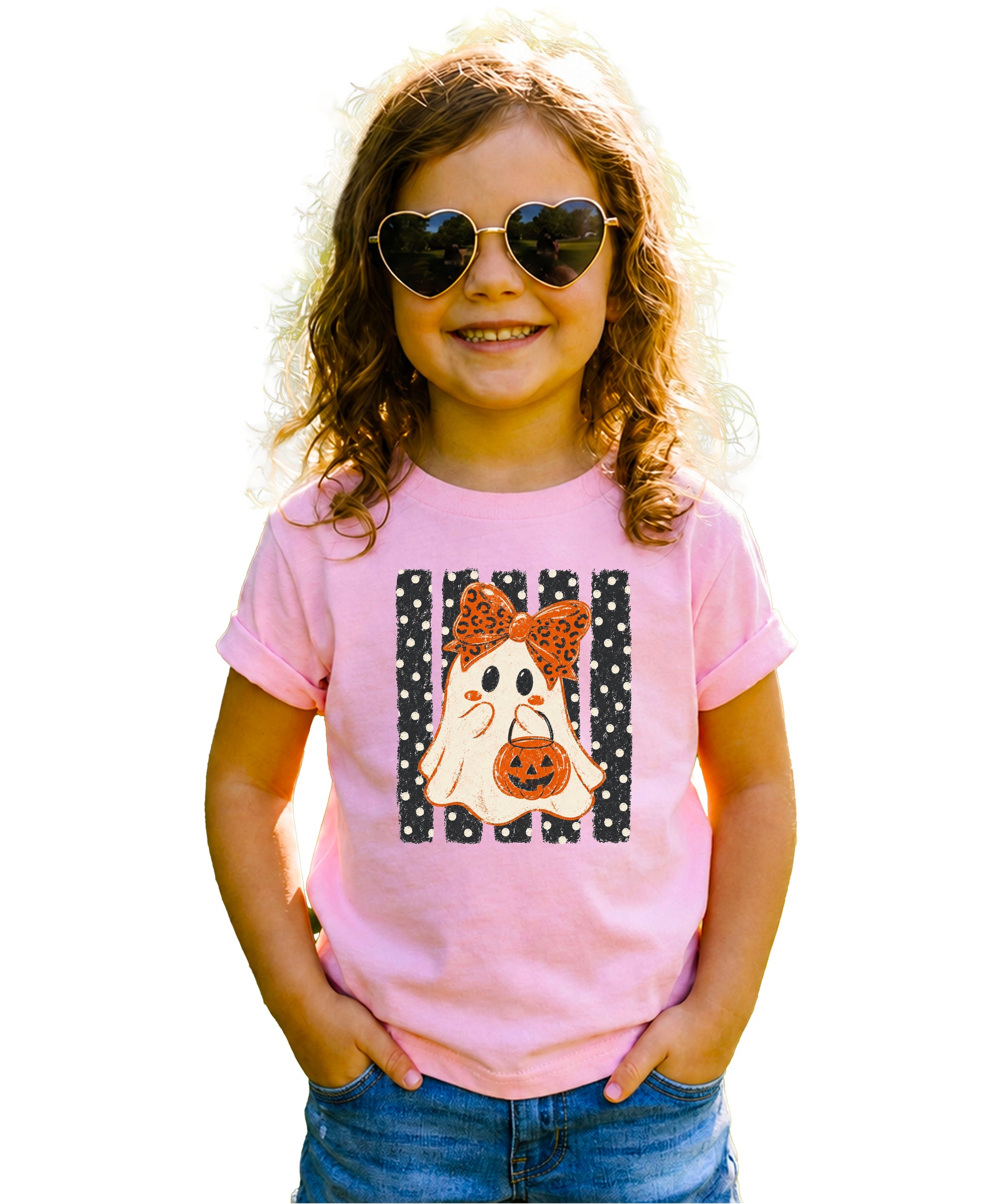 Pink ghost Halloween girls tee, styled view
