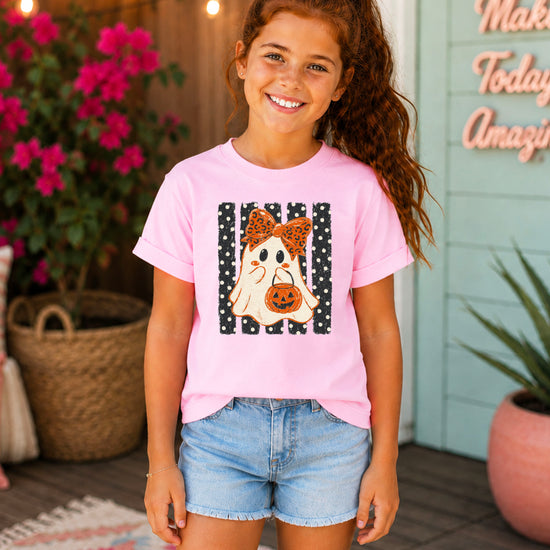 Pink ghost Halloween girls tee, lifestyle view