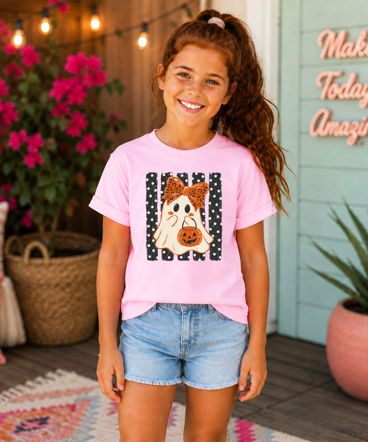 Pink ghost Halloween girls tee, lifestyle view