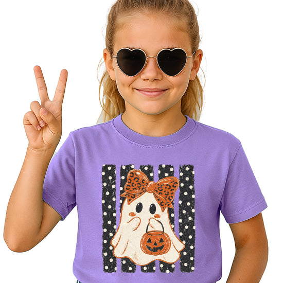 Purple cute ghost Halloween shirt for girls with leopard bow and jack-o-lantern candy pail, front view