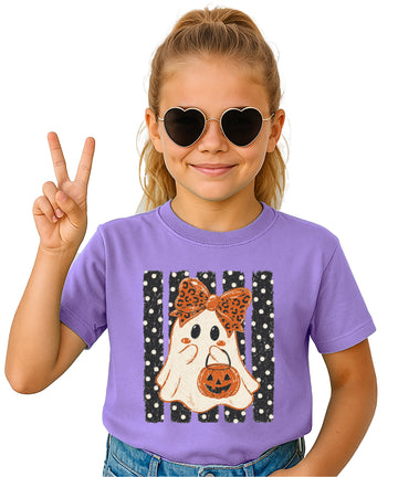 Purple cute ghost Halloween shirt for girls with leopard bow and jack-o-lantern candy pail, front view