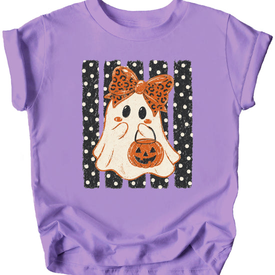 Purple ghost Halloween girls tee, design detail